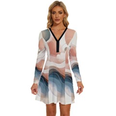 Abstract Pastel Waves Organic Long Sleeve Deep V Mini Dress  by Grandong