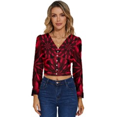 Kaleidoscope Template Red Abstract Long Sleeve V-neck Top by Grandong