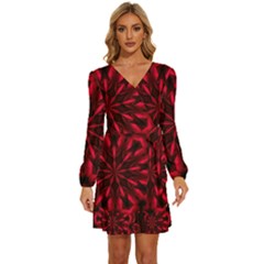 Kaleidoscope Template Red Abstract Long Sleeve Waist Tie Ruffle Velvet Dress by Grandong