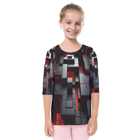 3d Back Red Abstract Pattern Kids  Quarter Sleeve Raglan T-shirt by Grandong