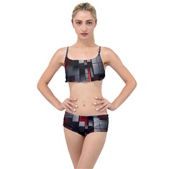 3d Back Red Abstract Pattern Layered Top Bikini Set