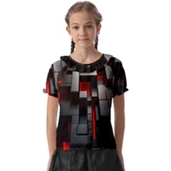 3d Back Red Abstract Pattern Kids  Frill Chiffon Blouse by Grandong