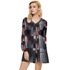 3d Back Red Abstract Pattern Tiered Long Sleeve Mini Dress by Grandong