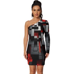 3d Back Red Abstract Pattern Long Sleeve One Shoulder Mini Dress by Grandong