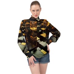 Abstract Shiny Pattern High Neck Long Sleeve Chiffon Top