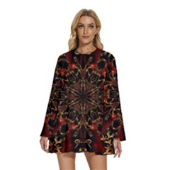 Kaleidoscope Multicoloured Round Neck Long Sleeve Bohemian Style Chiffon Mini Dress by Grandong