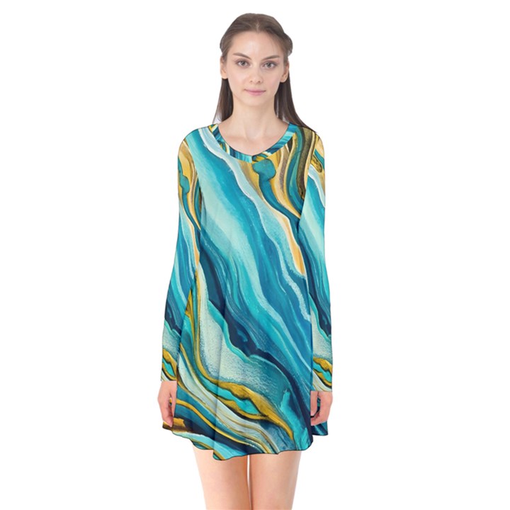 Painting Liquid Water Long Sleeve V-neck Flare Dress