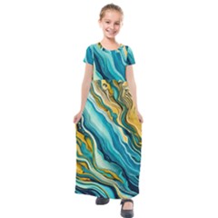 Painting Liquid Water Kids  Short Sleeve Maxi Dress by Grandong