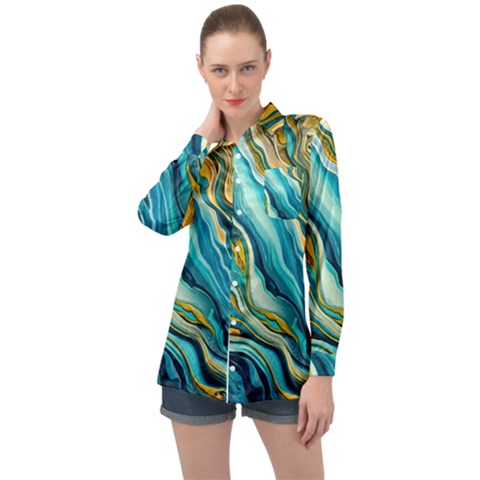 Painting Liquid Water Long Sleeve Satin Shirt by Grandong