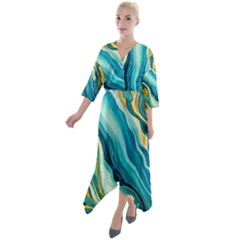 Painting Liquid Water Quarter Sleeve Wrap Front Maxi Dress by Grandong