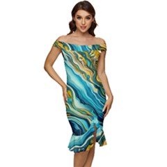 Painting Liquid Water Off Shoulder Ruffle Split Hem Bodycon Dress by Grandong