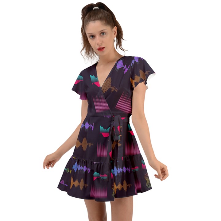 Colorful Sound Wave Set Flutter Sleeve Wrap Dress