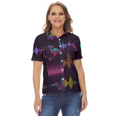 Colorful Sound Wave Set Women s Short Sleeve Double Pocket Shirt by Bedest