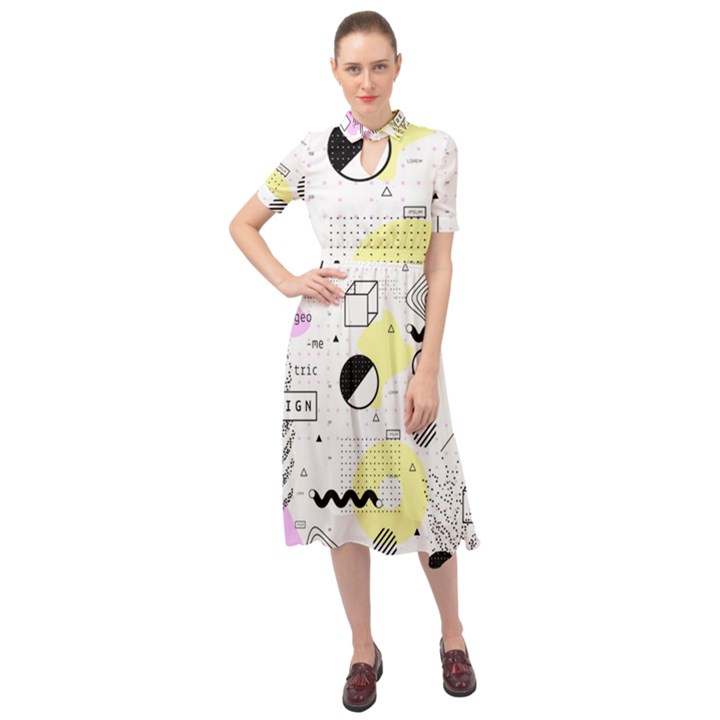 Graphic Design Geometric Background Keyhole Neckline Chiffon Dress