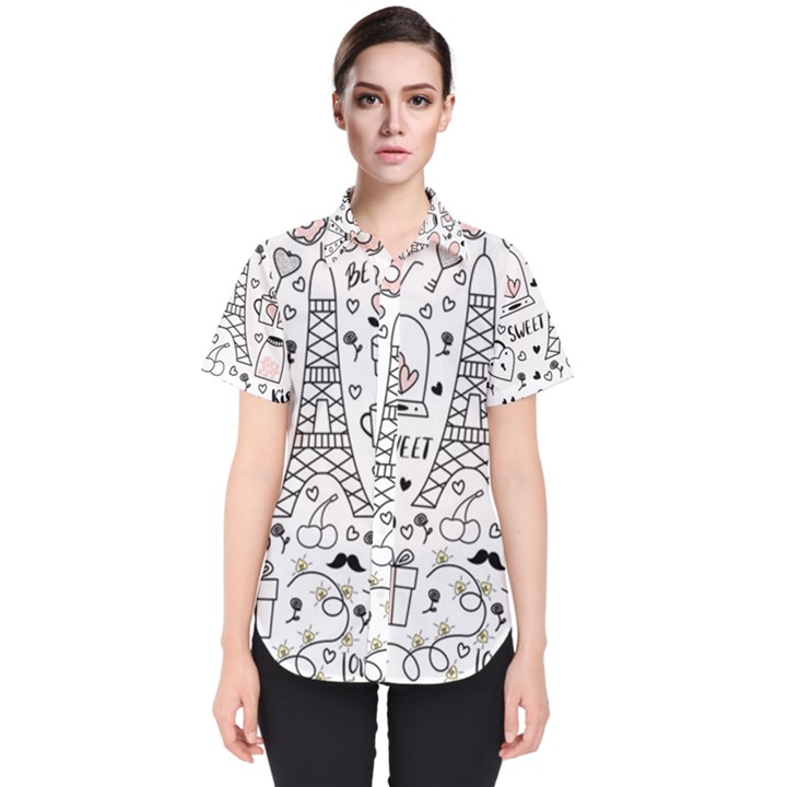 Big Collection With Hand Drawn Objects Valentines Day Women s Short Sleeve Shirt