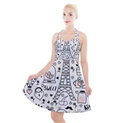 Big Collection With Hand Drawn Objects Valentines Day Halter Party Swing Dress  by Bedest