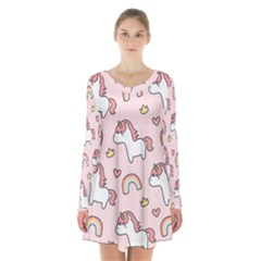 Cute Unicorn Rainbow Seamless Pattern Background Long Sleeve Velvet V-neck Dress by Bedest