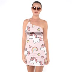 Cute Unicorn Rainbow Seamless Pattern Background One Shoulder Ring Trim Bodycon Dress by Bedest