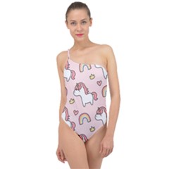 Cute Unicorn Rainbow Seamless Pattern Background Classic One Shoulder Swimsuit by Bedest