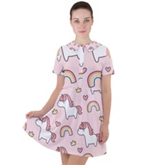 Cute Unicorn Rainbow Seamless Pattern Background Short Sleeve Shoulder Cut Out Dress  by Bedest