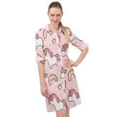 Cute Unicorn Rainbow Seamless Pattern Background Long Sleeve Mini Shirt Dress by Bedest