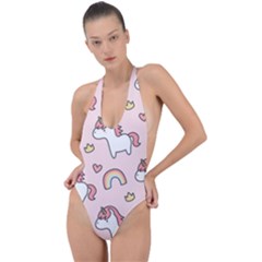 Cute Unicorn Rainbow Seamless Pattern Background Backless Halter One Piece Swimsuit by Bedest