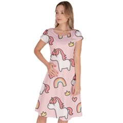 Cute Unicorn Rainbow Seamless Pattern Background Classic Short Sleeve Dress by Bedest