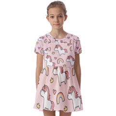 Cute Unicorn Rainbow Seamless Pattern Background Kids  Short Sleeve Pinafore Style Dress by Bedest