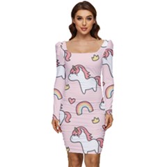 Cute Unicorn Rainbow Seamless Pattern Background Women Long Sleeve Ruched Stretch Jersey Dress by Bedest