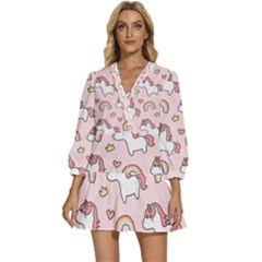 Cute Unicorn Rainbow Seamless Pattern Background V-neck Placket Mini Dress by Bedest