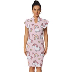 Cute Unicorn Rainbow Seamless Pattern Background Vintage Frill Sleeve V-neck Bodycon Dress by Bedest