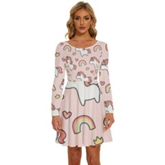 Cute Unicorn Rainbow Seamless Pattern Background Long Sleeve Wide Neck Velvet Dress by Bedest