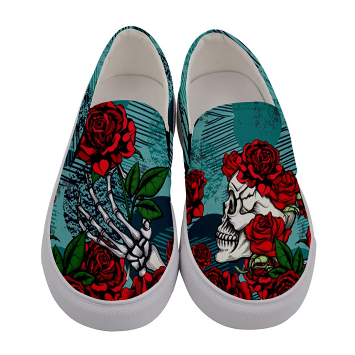 Teal Floral Sugar Skull Grunge Womens Canvas Slip Ons