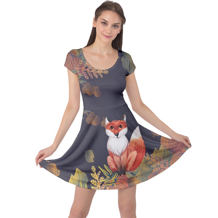 Cute Fox Dark Gray Autumn Fall Cap Sleeve Dress