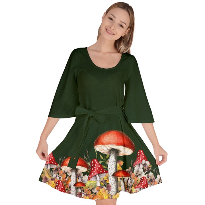 Mushroom Dark Green Fall Autumn Leaves Velour Kimono Dress