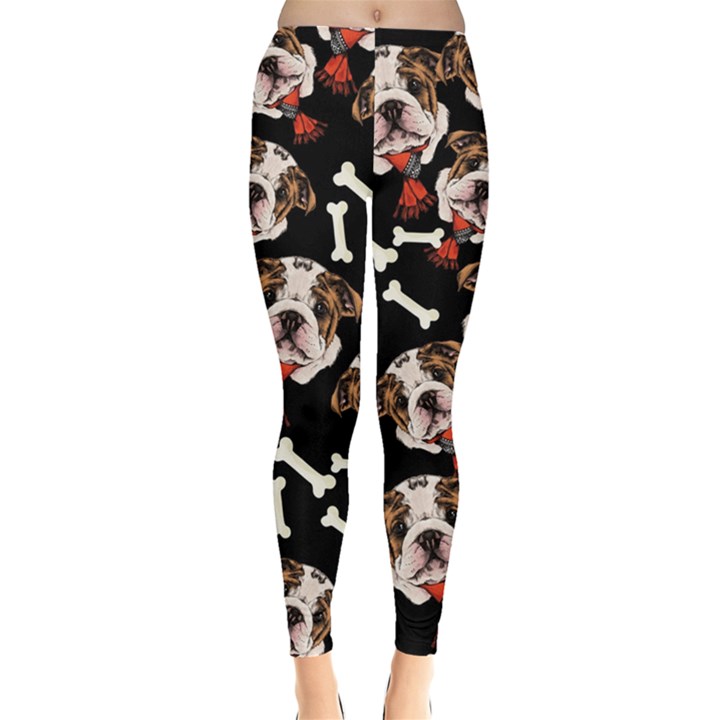 Cute Bulldog Pet Black Bones Stretch Leggings