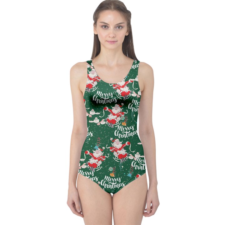 Green Christmas Black Christmas Pattern Pattern Women s One Piece Swimsuit