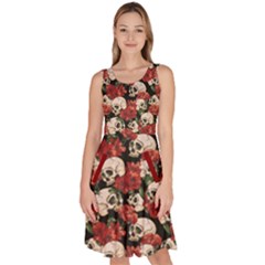 Black & Red Skull And Flowers Day Of The Dead Vintage Knee Length Skater Dress With Pockets