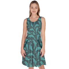 Dark Cyan Mosaic Pattern Dolphins Knee Length Skater Dress With Pockets by CoolDesigns