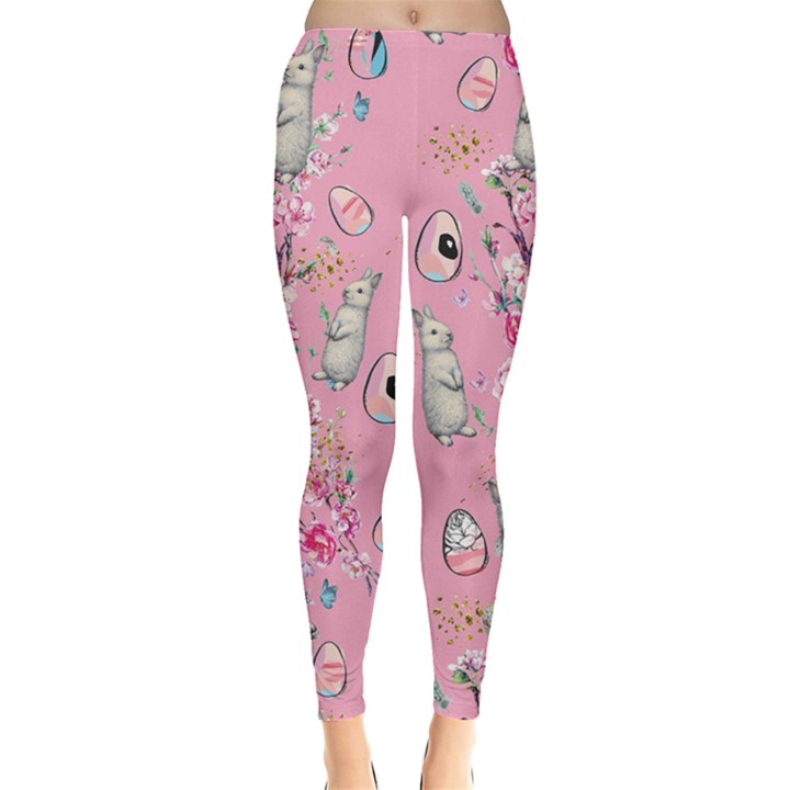 Cute Spring Easter Eggs Pink Bunny Leggings 