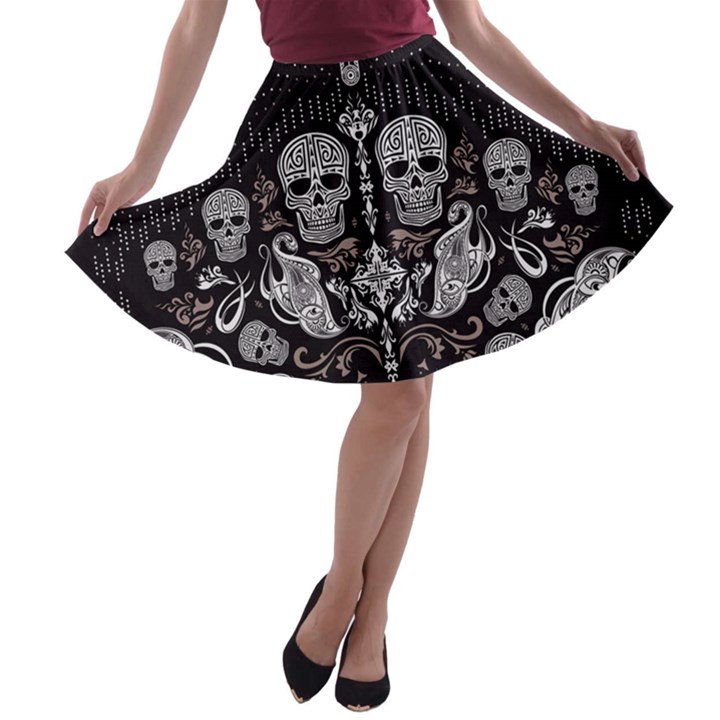 Skull Tribal A-line Skater Skirt