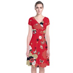 Red Butterfly Style Cherry Blossom Short Sleeve Front Wrap Dress by CoolDesigns