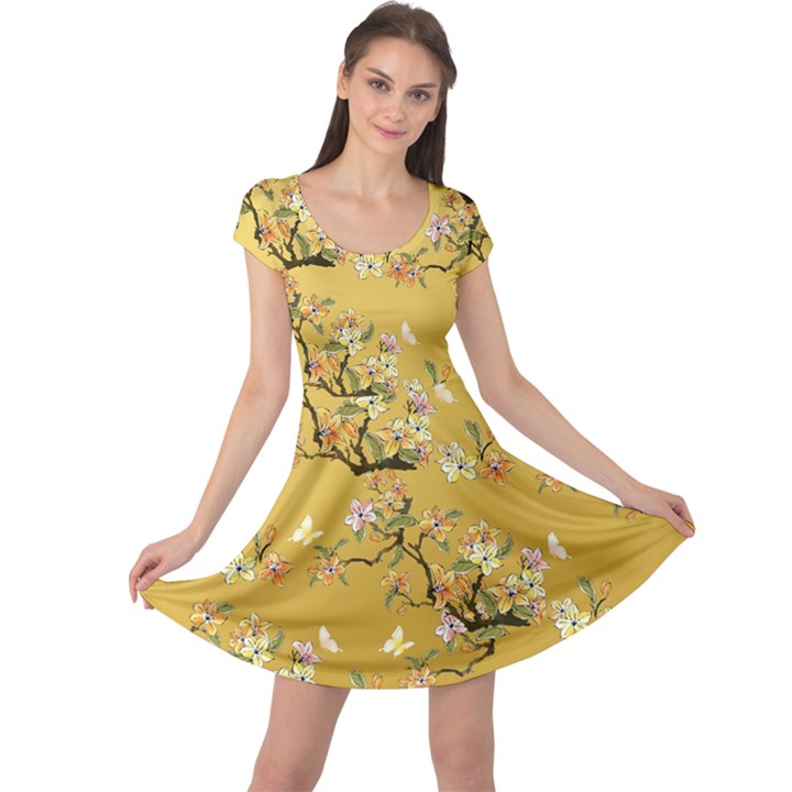 Vintage Peach Blossoms Yellow Gold Cap Sleeve Dress