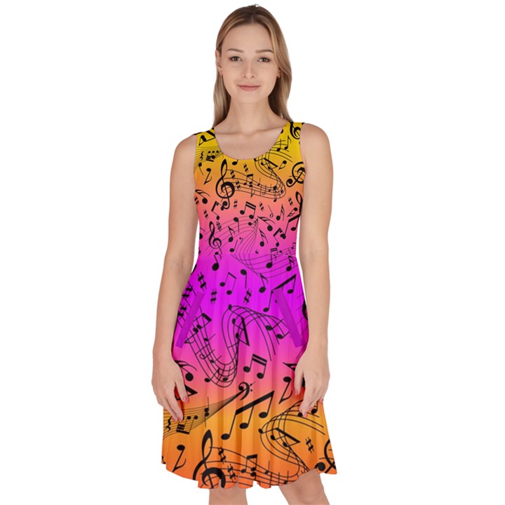 Yellow Purple Music Notes Treble Clef Knee Length Skater Dress With Pockets