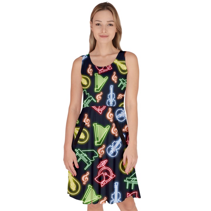 Neon Lights Music Pattern Notes Treble Clef Knee Length Skater Dress With Pockets