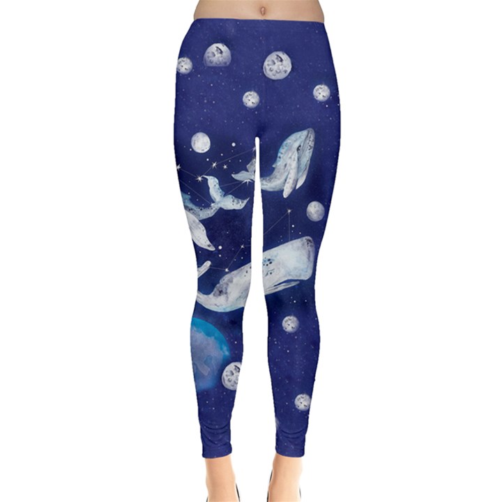 Starry Whale Red Watercolor Dolphins Pattern Leggings