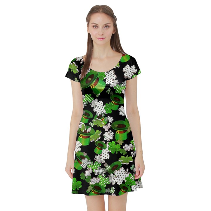 Hat Dark Shamrock Handraw Short Sleeve Skater Dress