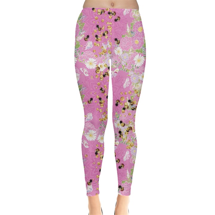 Vintage Flowers Pink Honey Insect Leggings 