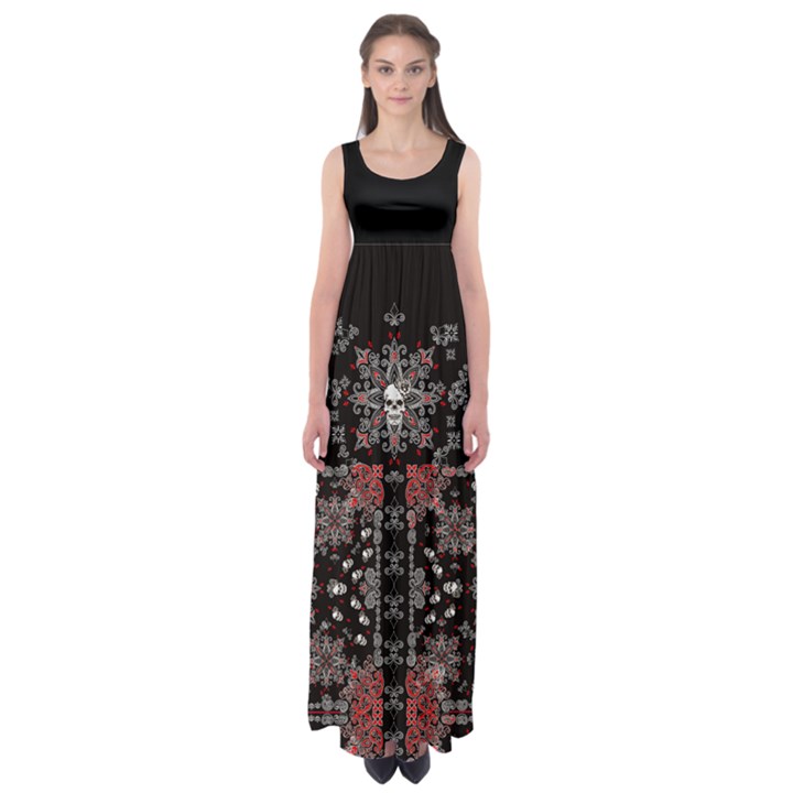 Red Aztec Skull Black Seamless Empire Waist Maxi Dress