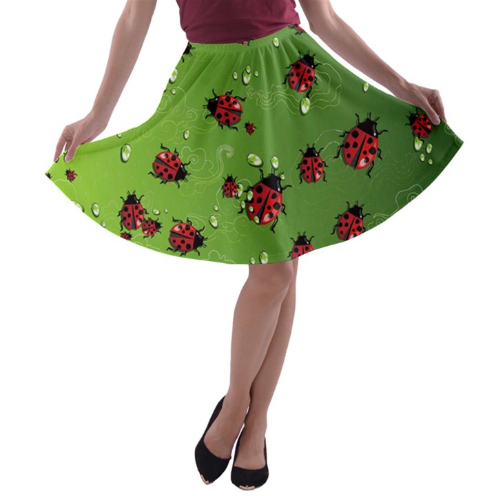 Japanese Green Purple Ladybugs Insect A-line Skater Skirt